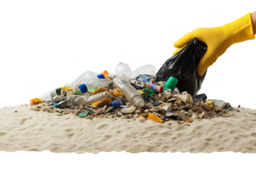 Yellow glove collecting plastic waste isolated on a transparent background