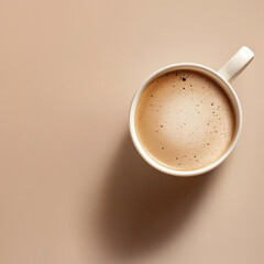 A cup of coffee sits on a table with a light brown background. The coffee is steaming and has a rich, brown color. The cup is white and has a handle. Concept of warmth and comfort