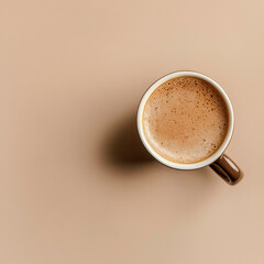 A cup of coffee sits on a table with a tan background. The coffee is steaming and the cup is brown and white