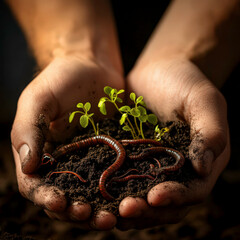 A hand holding a plant with a few earthworms in the dirt. The hand is holding the plant and the earthworms in a way that makes it look like the plant is being protected
