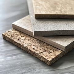 A stack of wood and cork boards with a gray background. The cork boards are stacked on top of each other, with the top one being the lightest and the bottom one being the darkest