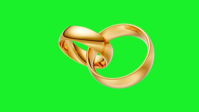 Rotating yellow gold wedding rings. illustration with green screen. Symbols of love and fidelity. Male and female ring interlocked with each other, loop animation