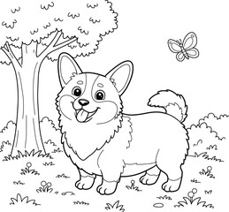 Cute Corgi Dog Coloring Pages Mountains with Butterfly, Sun, Trees, Outline Vector for Fun.