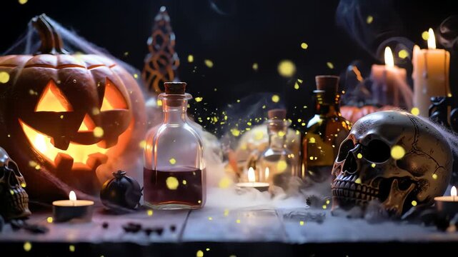 Mystical halloween decoration with pumpkin and skull