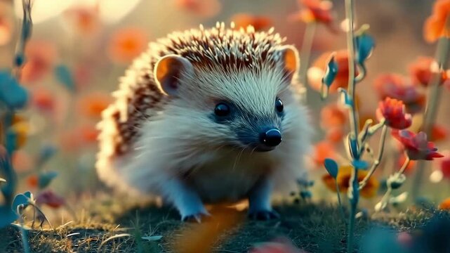 Cute hedgehog exploring a vibrant flower garden during a sunny afternoon