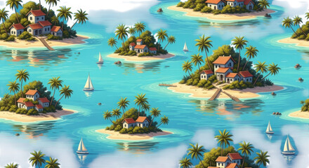 Tropical island paradise with houses and palm trees on a clear blue ocean isolated on white background