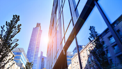 Glass office building surrounded with green trees.  Eco-friendly office building. Sustainable architecture of city reducing heat carbon dioxide modern city environment.