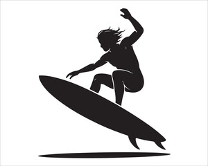 Surfer silhouette riding wave in action vector illustration