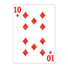 Ten of diamonds. Playing card with golden elements. Casino icons. Pictograms representing different suits. Vector illustration. Flat design for modern visual elements.