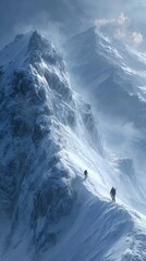 Ropes and ice axes: conquering the frozen heights. High-end fashion. Sunrise serenity: climbers journey over a vast snowy landscape. Elegant outfit. Lavish clothing.