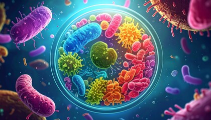 Microscopic World of Colorful Bacteria and Viruses.