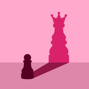 Pawn with queen shadow chess pieces. Ambition and motivation concept. Confidence and the belief in personal potential. Dream big idea. Self growth, success and win in business. Vector illustration.