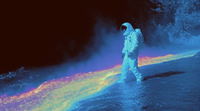 Thermal camera view of a scientist in a heat-resistant suit standing near a flowing river of molten lava, white-hot heat contrasted by the suit&rsquo;s cool blue-purple signature, highlighting extreme scien