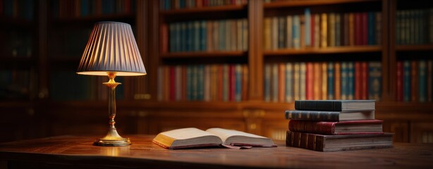 Fototapeta premium The Open Book on a Wooden Desk in a Warm Library Setting