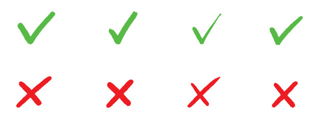 Check mark icons. green check mark and red cross mark icon set. green tick and red. Symbols of approval and Decline icon vector