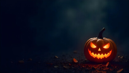 Naklejka premium Halloween poster template with glowing pumpkin. Modern Halloween poster with dark background and glowing pumpkin, perfect for party invitation or banner.