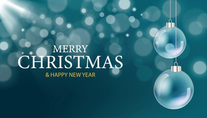 Blue Christmas ornaments hang against a teal background with soft bokeh lights. Text reads Merry Christmas