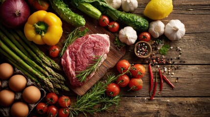 balanced diet cooking culinary and food concept  close up of vegetables fruits and meat on wooden table no logos no brands ar 169
