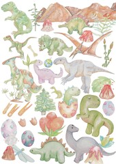 A collection of dinosaur-themed watercolor illustrations featuring cute and colorful dinosaurs, fossils, and prehistoric plants. Perfect for kids’ projects, wall art, and educational materials.