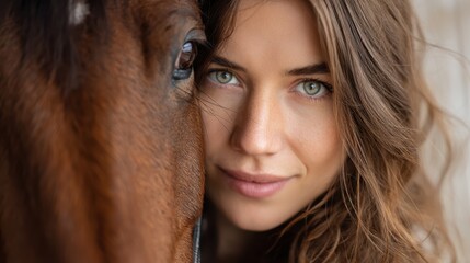Woman and horse share an intimate close up, faces nearly touching, green eyed gaze and gentle warmth conveying deep trust, devotion and peaceful human animal connection