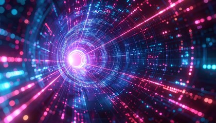 Obraz premium Abstract digital tunnel illustration showcasing vibrant neon lights in shades of blue and pink, creating a futuristic atmosphere and conveying speed and technological advancement, suggesting data...
