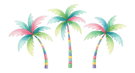 Three colorful watercolor palm trees with vibrant trunks and leaves isolated on white background