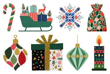 PNG Festive holiday decorations collection, element set on transparent background