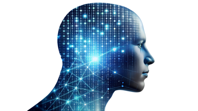 Artificial intelligence concept with human head and digital brain isolated on transparent background machine learning and neural network 3d rendering