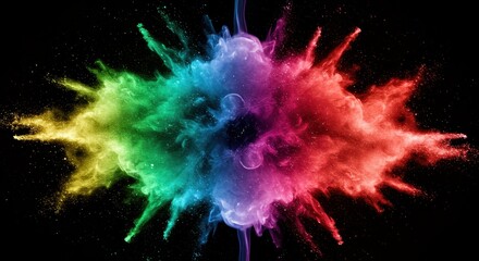 Explosive colorful cloud of powder erupts against a deep black background, displaying vibrant rainbow hues of yellow, green, blue, purple, and red, creating a dynamic and artistic abstract...
