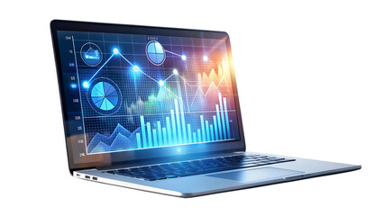 Laptop displaying financial data and charts on screen, representing business analytics and investment strategies, isolated on transparent background