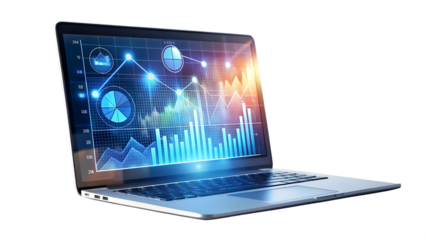 Laptop displaying financial data and charts on screen, representing business analytics and investment strategies, isolated on transparent background