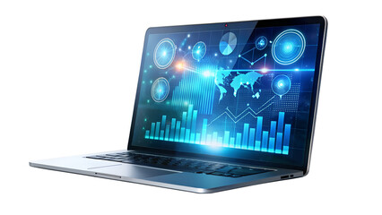 Laptop displaying global network and data visualization, representing international business and technology, isolated on transparent background