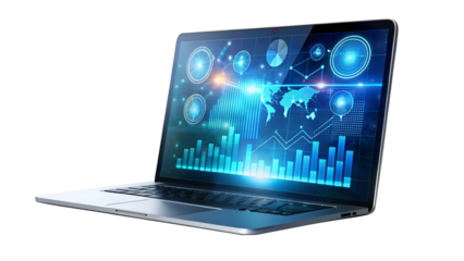 Laptop displaying global network and data visualization, representing international business and technology, isolated on transparent background