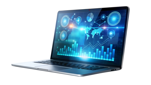 Laptop displaying global network and data visualization, representing international business and technology, isolated on transparent background