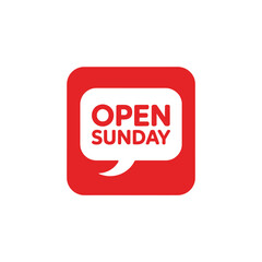 Red speech bubble announcing business is open on sunday