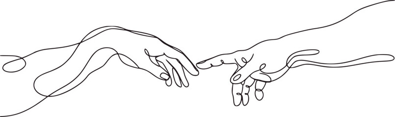 Fototapeta premium Two hands reaching touching fingers minimalist line art vector