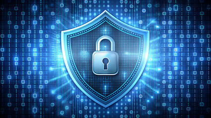 Shield with padlock on digital binary code background representing cybersecurity and data protection in the digital age for online safety
