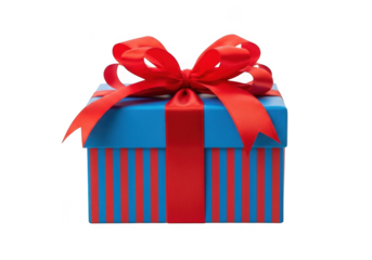 Bright blue and red striped gift box with a festive red bow presentation for special occasions isolated on transparent background