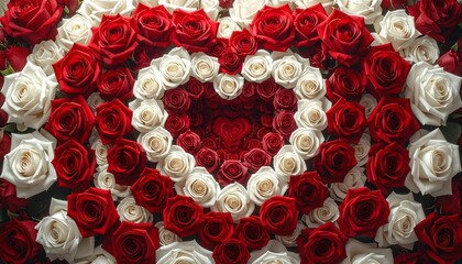 Red and white roses arranged in concentric hearts