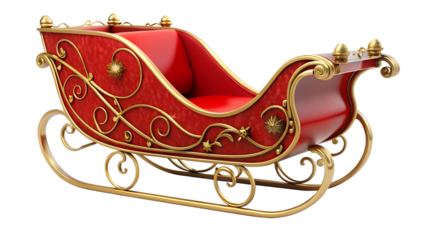 A festive red and gold santas sleigh isolated on transparent background, ready to deliver gifts and spread holiday cheer to children around the world
