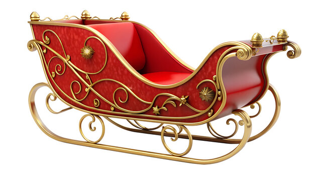 A festive red and gold santas sleigh isolated on transparent background, ready to deliver gifts and spread holiday cheer to children around the world