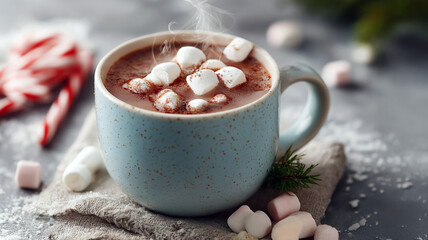 A close-up of a steaming mug of hot cocoa with marshmallows and a candy cane