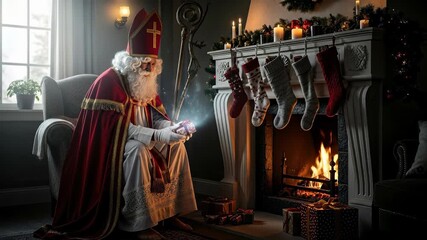 Saint Nicholas Eve fireplace scene, elder man in festive robe holding glowing orb, stockings hung, warm fire crackling, conveying wonder and anticipation, festive tradition, cozy holiday atmosphere.
