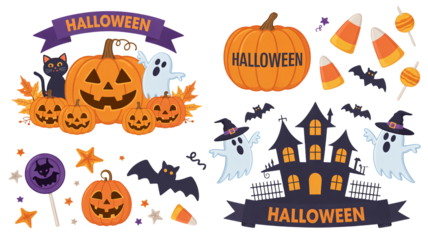 Spooky Halloween designs featuring grinning pumpkins, playful ghosts, and candy corn for a festive holiday celebration and creating creepy crafts