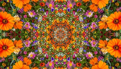 Vibrant Floral Kaleidoscope Pattern with Symmetrical Garden Flowers.
