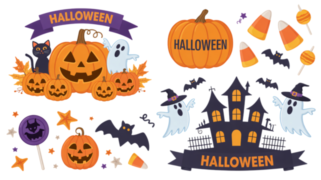 Spooky Halloween designs featuring grinning pumpkins, playful ghosts, and candy corn for a festive holiday celebration and creating creepy crafts