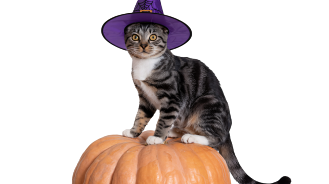 Adorable tabby cat wearing a purple witch hat perched on a pumpkin awaiting Halloween festivities, a spooky season celebration pet portrait