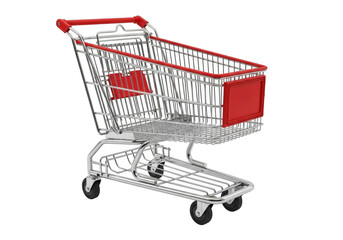 Shiny metal shopping cart with red accents isolated on black studio background realistic perspective isolated on transparent background