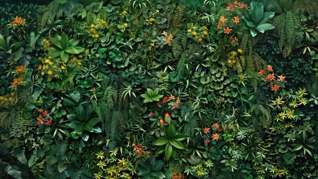 Video clip A vibrant green wall covered in various plants and flowers, ideal for home decor or office spaces