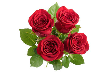 Naklejka premium Red rose bouquet with fresh green leaves, romantic floral bunch for Valentine Day, vibrant crimson roses arrangement isolated on Transparent Background